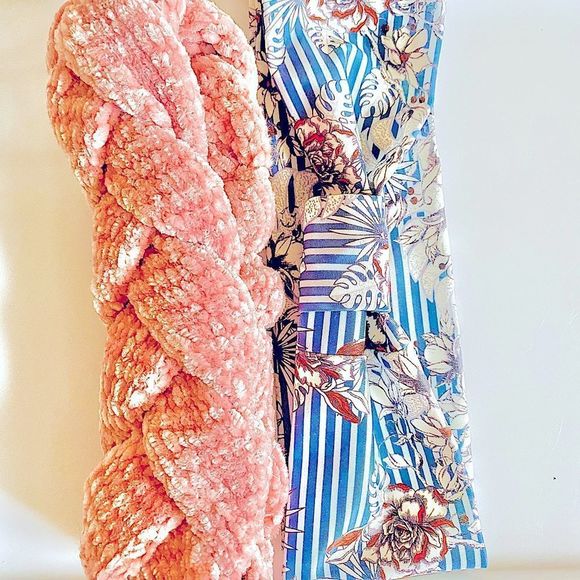 Set! Zara Chenille Braided Turban Style Headband & Blue & White Striped Headband - Picture 1 of 11